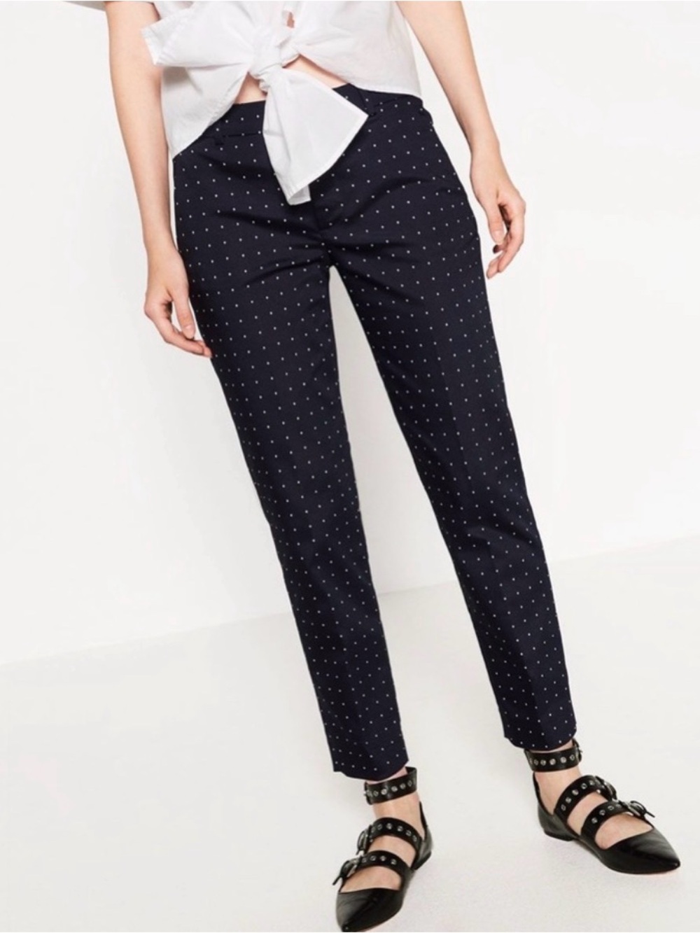 ZARA cropped cigarette black pants in micro diamond dotted print